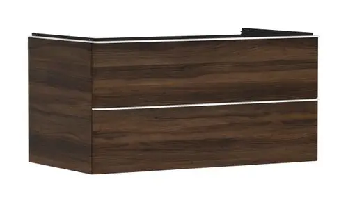 Hintergrundbeleuchteter Waschtischunterschrank in dunkler Holzoptik mit zwei Schubkästen, geeignet für moderne Badezimmerlösungen von Hansgrohe.